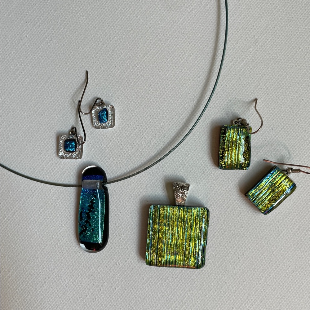 2 sets Dichroic glass earrings and pendants, dazzling, glowing handmade jewelry